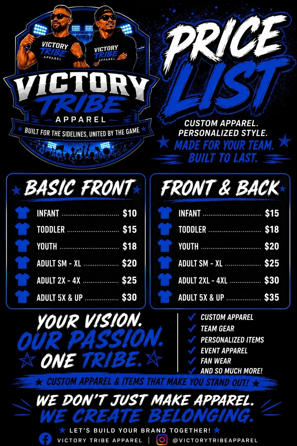 Victory Tribe Apparel custom apparel price list — shirts and sizing
