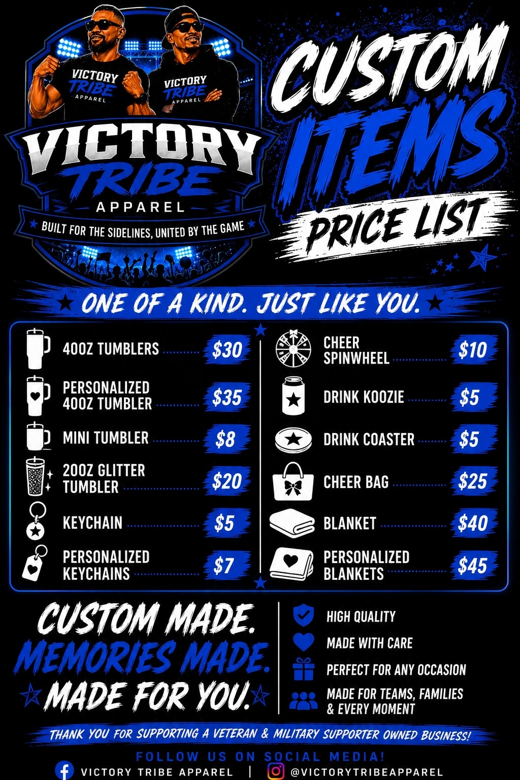 Victory Tribe Apparel custom items price list — tumblers, blankets, keychains and more