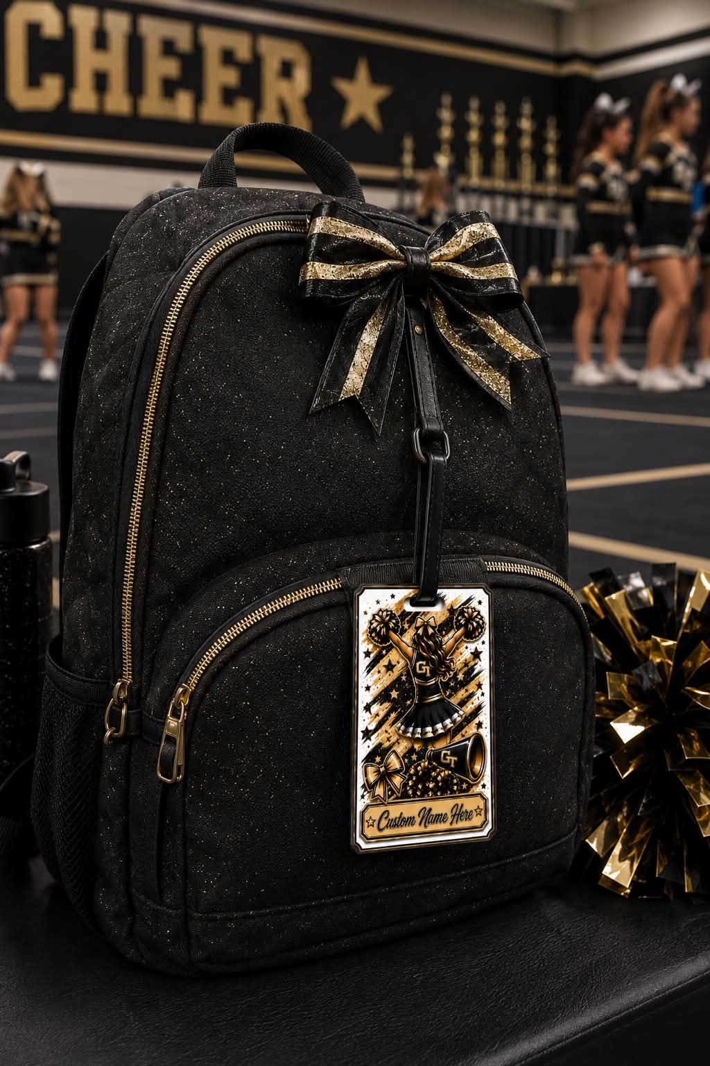 GT Lions cheer glitter backpack with gold bow and custom bag tag