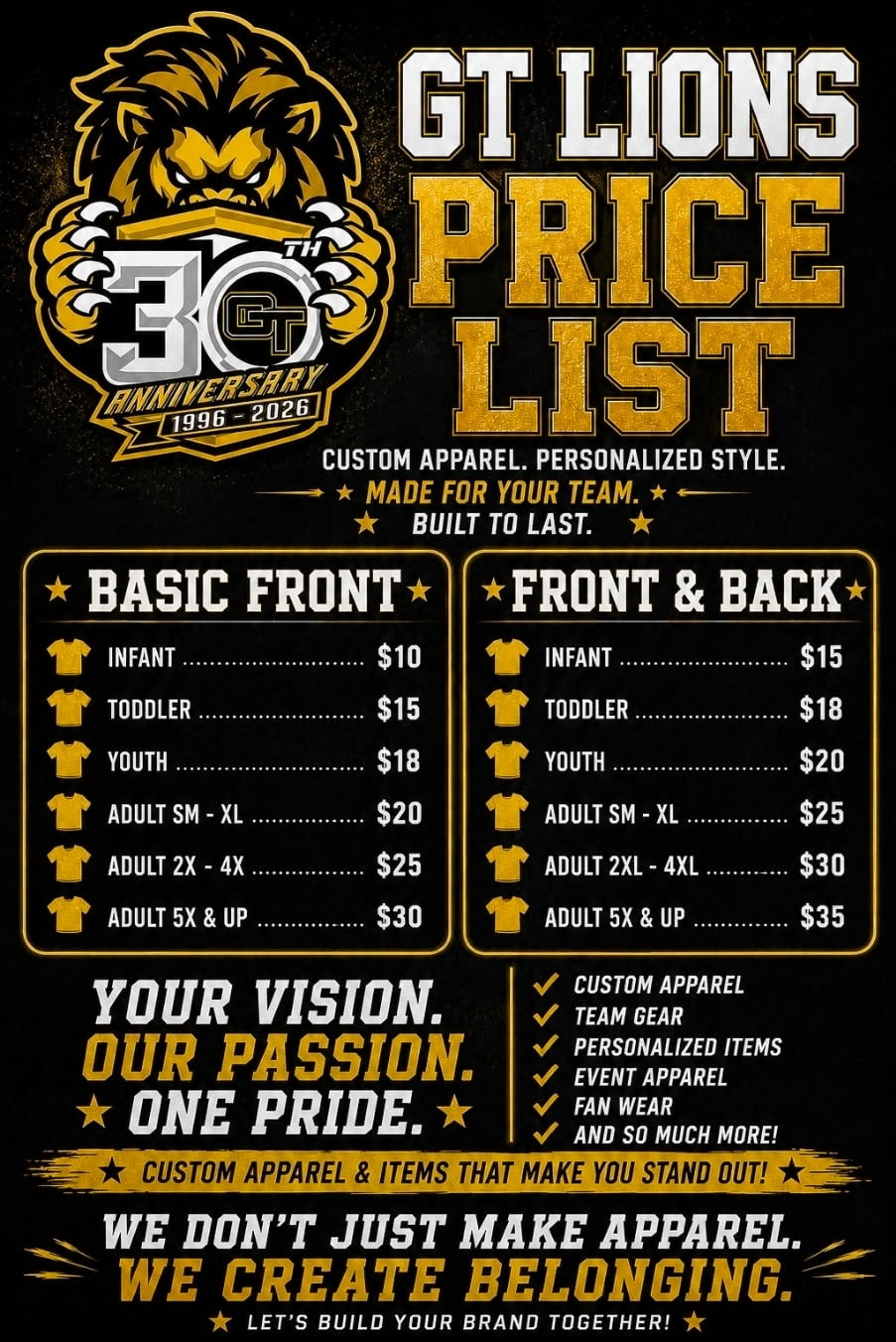 GT Lions custom apparel price list — shirts by size