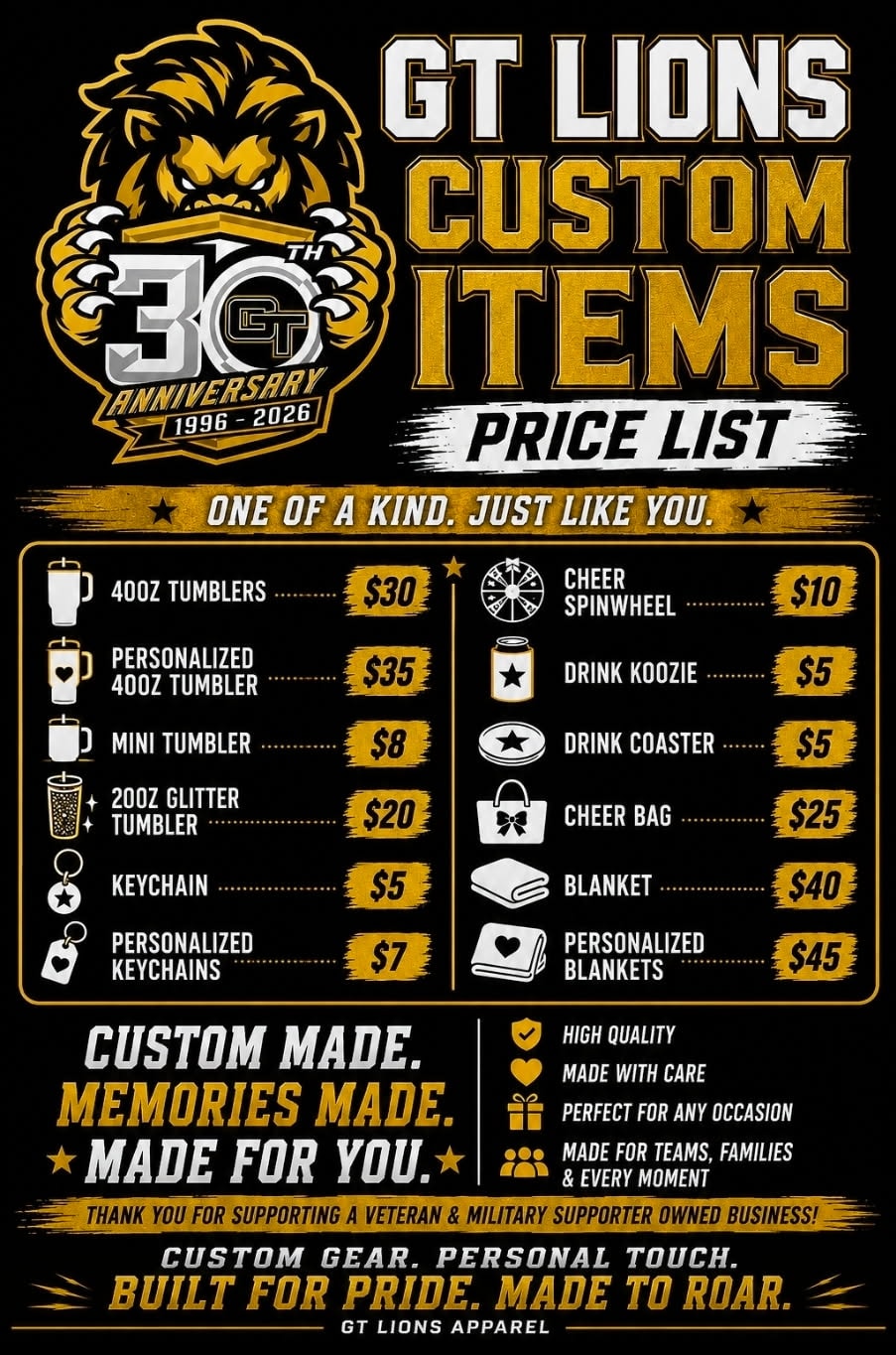 GT Lions custom items price list — tumblers, blankets, keychains and more